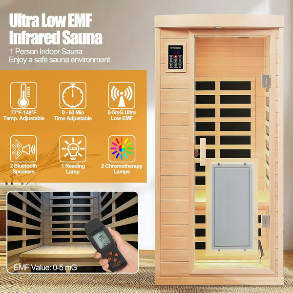 Infrared Sauna Built for Daily Wellness, 8 Far Infrared Panels, 0-5mG Ultra Low EMF, Canadian Hemlock